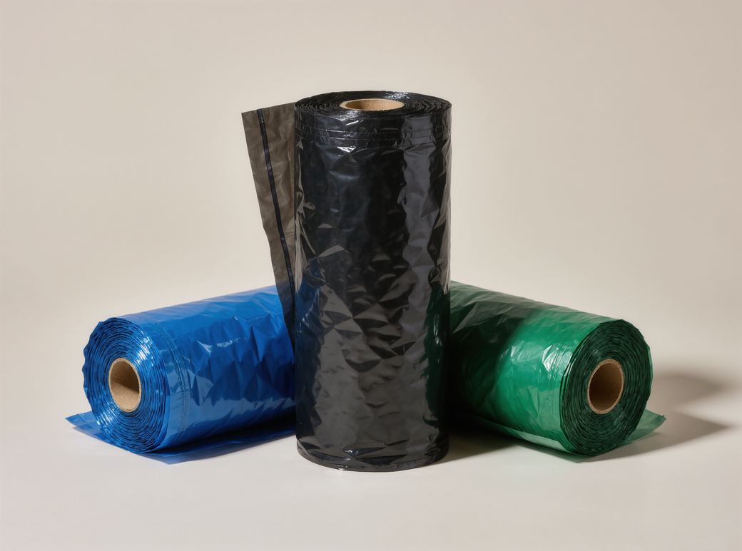 Rolls of black and coloured polythene bin liners
