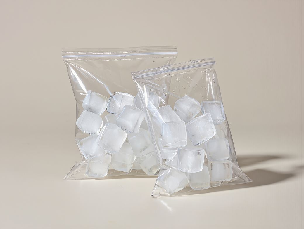 Bags of ice cubes in clear packaging