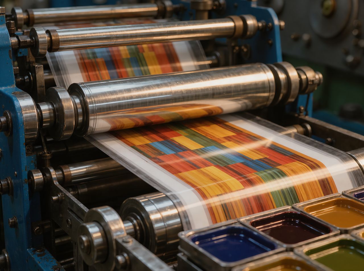 Flexographic press printing a reel of polythene film